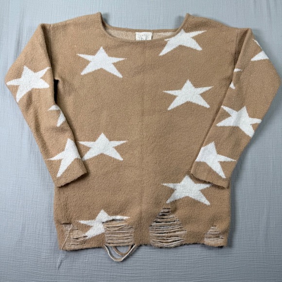 Fantastic Fawn Sweaters - Fantastic Fawn Sweater‎ Womens Small Star Print Distressed Hem Knit Tan White